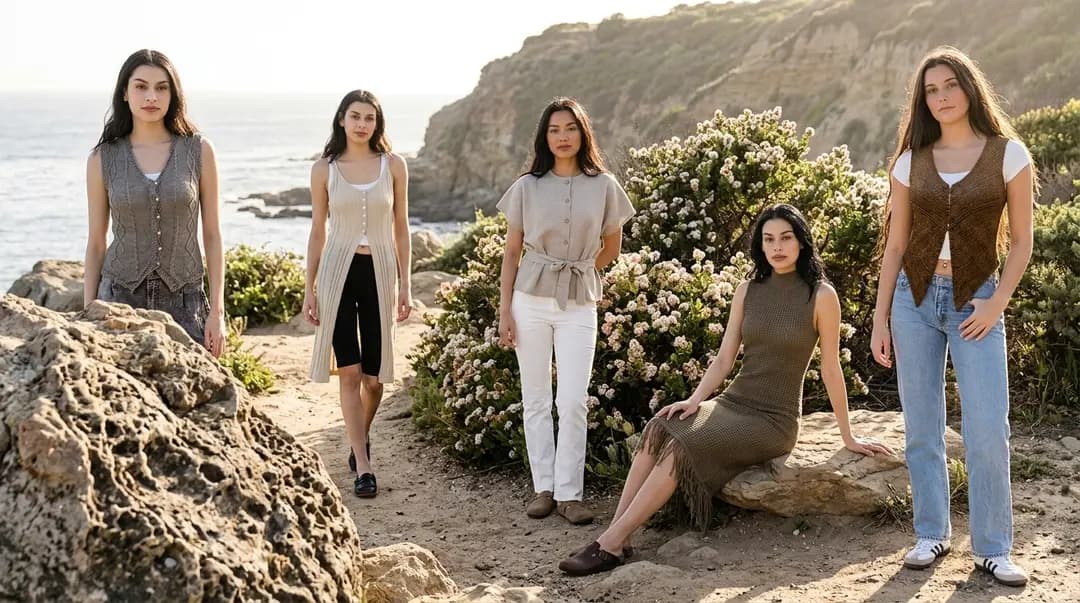 Women in knit vests, dresses, and layered separates on a coastal cliff at golden hour
